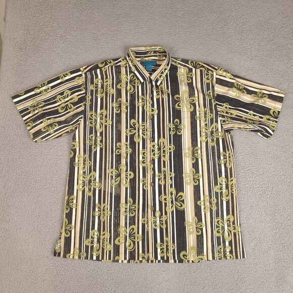 Paradise Blue Hawaiian Shirt Mens XL Floral Striped Button Down Cotton Bamboo - Picture 1 of 14